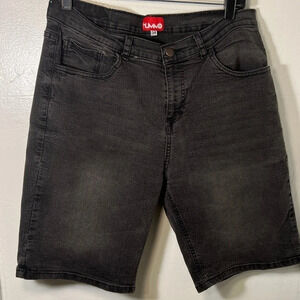Hummo, 34, black acid wash 5pocket button zip Bermuda stretch denim shorts, logo